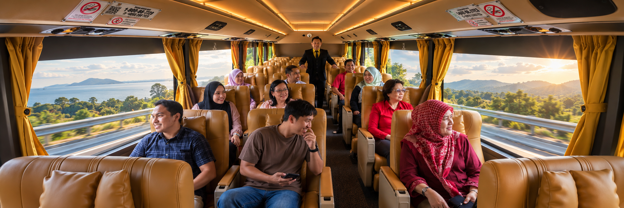 A group of happy people on a bus trip.