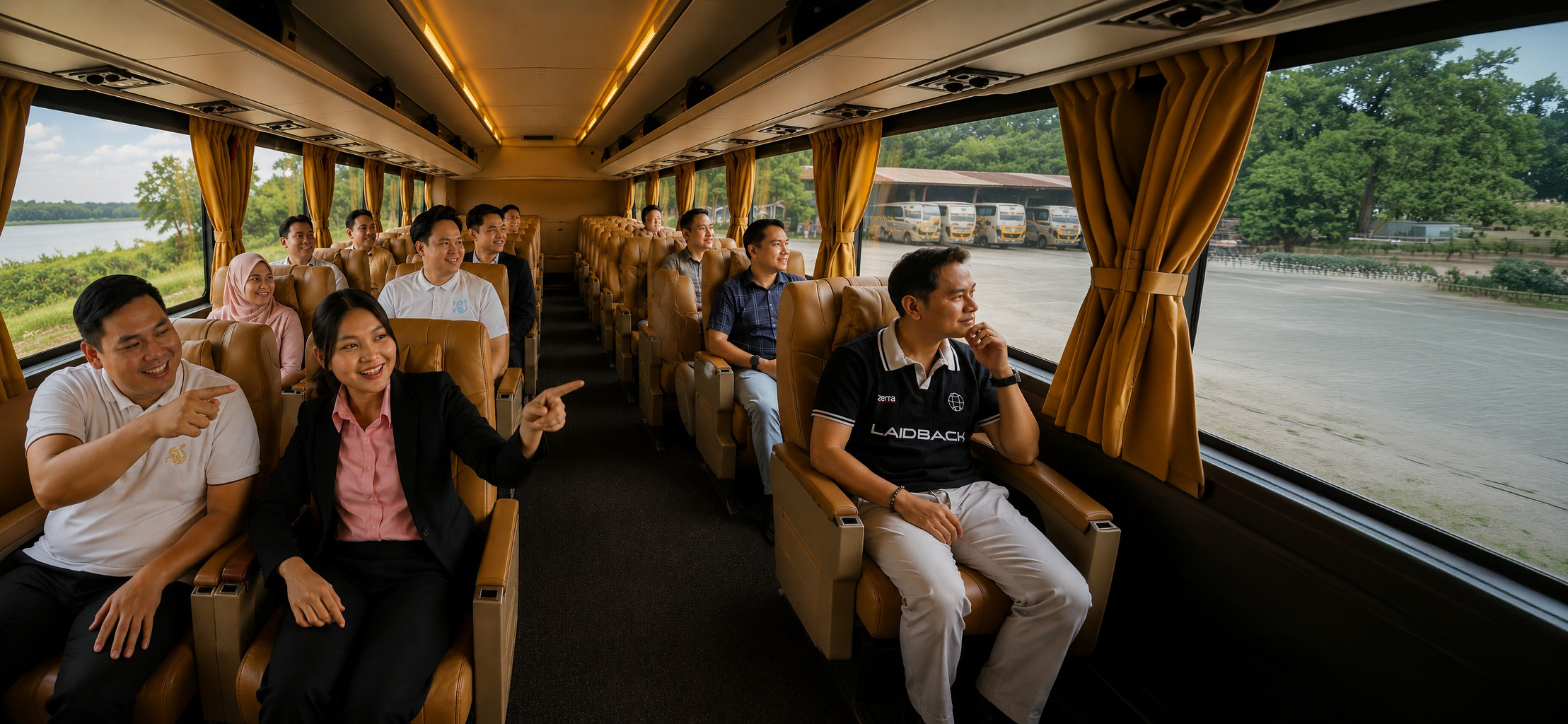 A group of happy people on a bus trip.